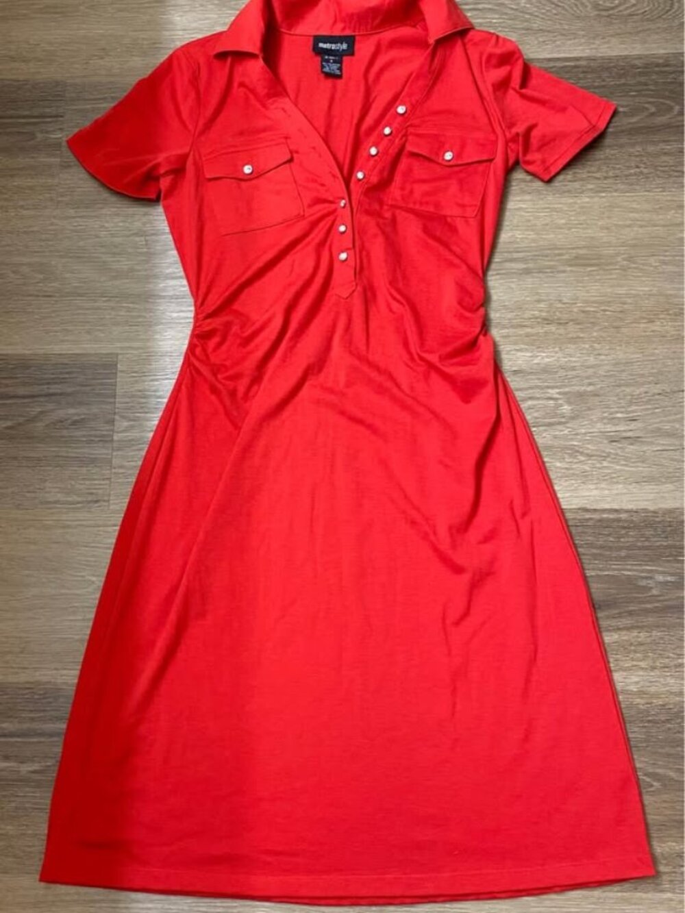 Metrostyle Women’s Red Utility Polo Shirt Dress – Rhinestone Buttons – Ruched